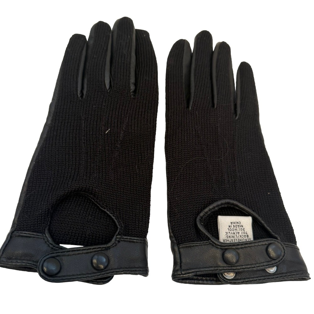 Preston & York Women's Black Genuine Leather Gloves Wrist Snap Knit Back Size XL